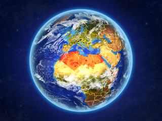 North Africa from space. Planet Earth with country borders and extremely high detail of planet surface and clouds.