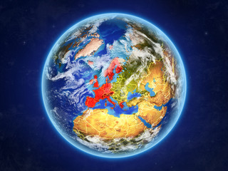 Western Europe from space. Planet Earth with country borders and extremely high detail of planet surface and clouds.