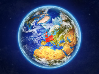 Western Europe from space. Planet Earth with country borders and extremely high detail of planet surface and clouds.