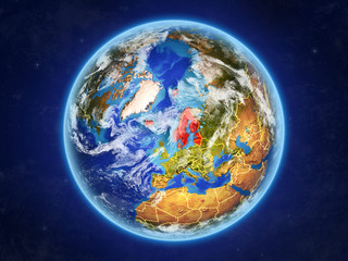 Northern Europe from space. Planet Earth with country borders and extremely high detail of planet surface and clouds.