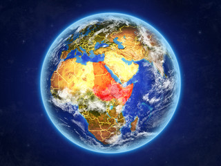 Northeast Africa from space. Planet Earth with country borders and extremely high detail of planet surface and clouds.