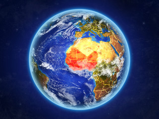 Western Africa from space. Planet Earth with country borders and extremely high detail of planet surface and clouds.