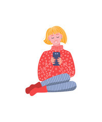 Laughing girl sitting with a smartphone in her hands. Vector illustration in flat style.