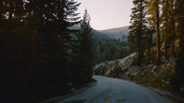 Camera on a vehicle is moving along beautiful forest mountain road turn between trees on sunset in Yosemite slow motion.