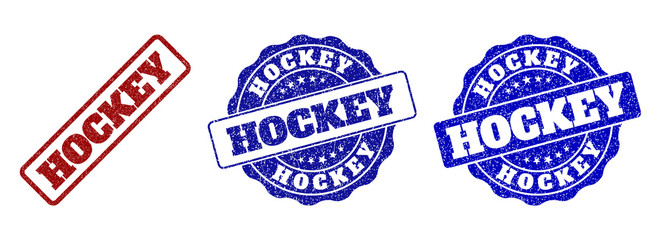 HOCKEY grunge stamp seals in red and blue colors. Vector HOCKEY signs with grunge style. Graphic elements are rounded rectangles, rosettes, circles and text captions.