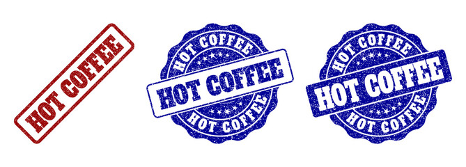 HOT COFFEE grunge stamp seals in red and blue colors. Vector HOT COFFEE imprints with grunge style. Graphic elements are rounded rectangles, rosettes, circles and text labels.