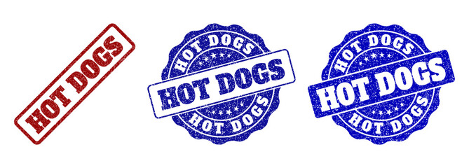 HOT DOGS grunge stamp seals in red and blue colors. Vector HOT DOGS overlays with grunge style. Graphic elements are rounded rectangles, rosettes, circles and text tags.