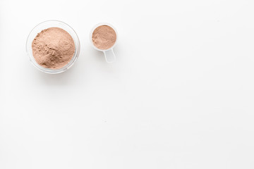 protein cocktail with powder for sport nutrition set l on white background top view mock-up