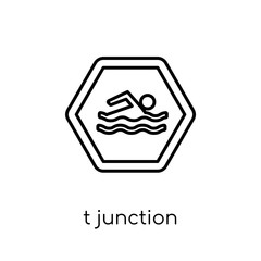 T junction sign icon. Trendy modern flat linear vector T junction sign icon on white background from thin line traffic sign collection