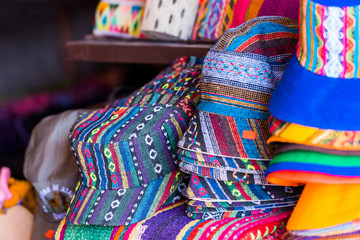 Hats on the shelf in the store in San Pedro de Atacama, Chile. Close-up.