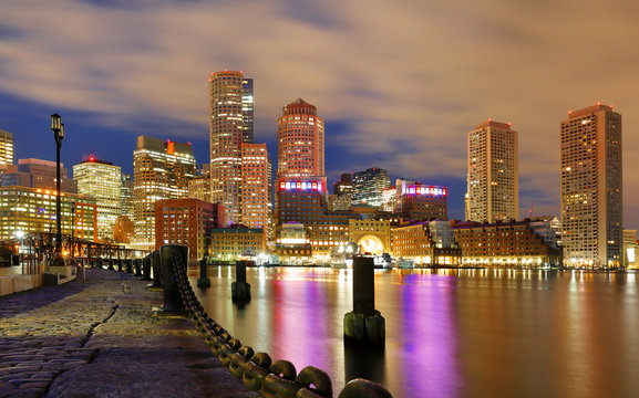 Boston Financial District and waterfront before Sunrise, Boston, Massachusetts
