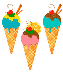 Set of three ice cream in a waffle cone with a bright decor of berries, cinnamon sticks, orange slices and glaze. Flat style illustration