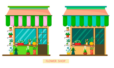 A set of two flower shops in a different color palette on a white background. Flat style illustration