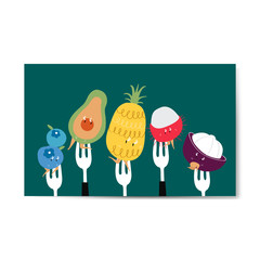 Fresh tropical fruit cartoons on forks vector