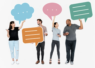 Diverse social media people holding speech bubble symbols