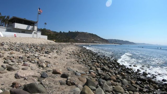 panorama of the Topanga Beach near Malibu Californian beach to Los Angeles. Malibu, California, United States.