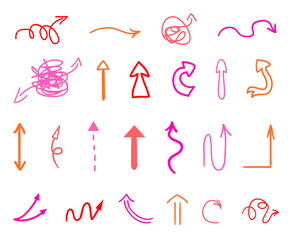Colored infographic elements on isolated white background. Hand drawn simple arrows. Line art. Set of different pointers. Abstract indicators