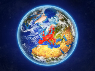 European Union from space. Planet Earth with country borders and extremely high detail of planet surface and clouds.
