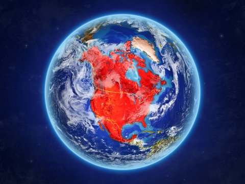 NAFTA memeber states from space. Planet Earth with country borders and extremely high detail of planet surface and clouds.