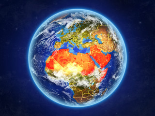 Arab League from space. Planet Earth with country borders and extremely high detail of planet surface and clouds.