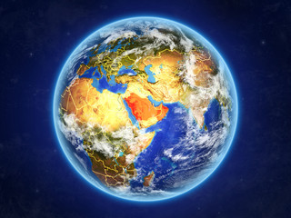 CCASG countries from space. Planet Earth with country borders and extremely high detail of planet surface and clouds.