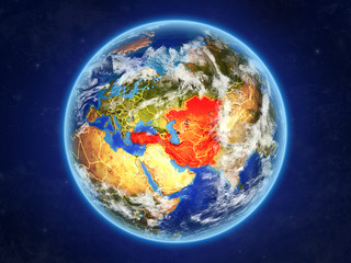 ECO member states from space. Planet Earth with country borders and extremely high detail of planet surface and clouds.