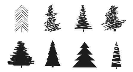 Obraz premium Christmas trees on white. Set for design on isolated background. Geometric art. Objects for polygraphy, posters, t-shirts and textiles. Black and white illustration