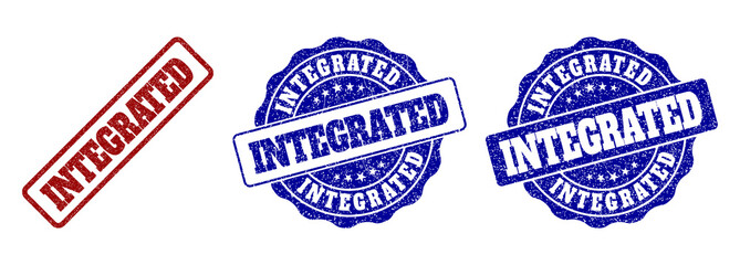 INTEGRATED grunge stamp seals in red and blue colors. Vector INTEGRATED watermarks with grainy effect. Graphic elements are rounded rectangles, rosettes, circles and text tags.