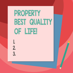 Writing note showing Property Best Quality Of Life. Business photo showcasing Purchasing your own house apartment space Stack of Different Pastel Color Construct Bond Paper Pencil