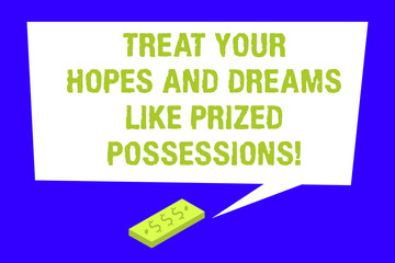 Writing note showing Treat Your Hopes And Dreams Like Prized Possessions. Business photo showcasing Value your wishes Rectangular Speech Bubble with Tail pointing to Dollar Paper Bill