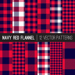 Navy Blue and Red Buffalo Check and Gingham Plaid Vector Patterns. Lumberjack Flannel Shirt Prints. Trendy Hipster Style Backgrounds.  Repeating Pattern Tile Swatches Included