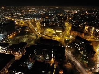 Aerial night time photo taken above the Leeds City Center at Christmas Time showing the Leeds Town...