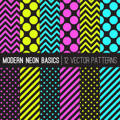 Modern Neon Vector Patterns in Polka Dots, Chevron and Stripes. Fluorescent Yellow, Pink and Turquoise Geometric Prints. Glow in the Dark Backgrounds. Trendy 80s, 90s Style. Pattern Tile Swatches Incl