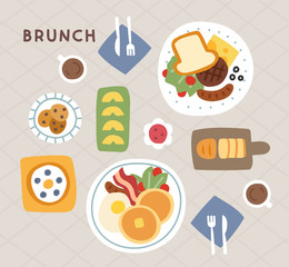 hand drawing style brunch table top view illustration. flat design vector graphic style.