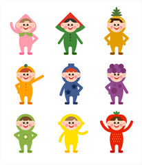 Cute Fruits costume little children character set. flat design vector graphic style.