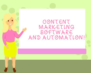 Conceptual hand writing showing Content Marketing Software And Automation. Business photo showcasing Search engine optimization Female Hu analysis Presenting Rectangular Blank Whiteboard