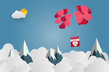 valentine's Day balloon heart-shaped floating in the sky and beautiful mountains cloud.paper art.vector illustration