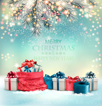 Holiday Christmas background with a sack full of gift boxes and branches of tree. Vector.