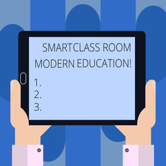 Handwriting text writing Smart Class Room Modern Education. Concept meaning New technologies for school and learning Hu analysis Hand Holding Blank Screen Tablet Smartphone Display Unit photo