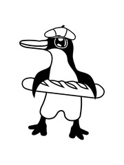 brot typisch baguette frankreich essen hunger basken hut französisch süß niedlich klein pinguin glücklich fröhlich vogel springen spaß party comic cartoon clipart design