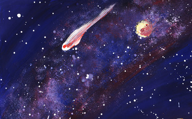 Outer space with the Milky Way, stars and planets.  Hand painted illustration