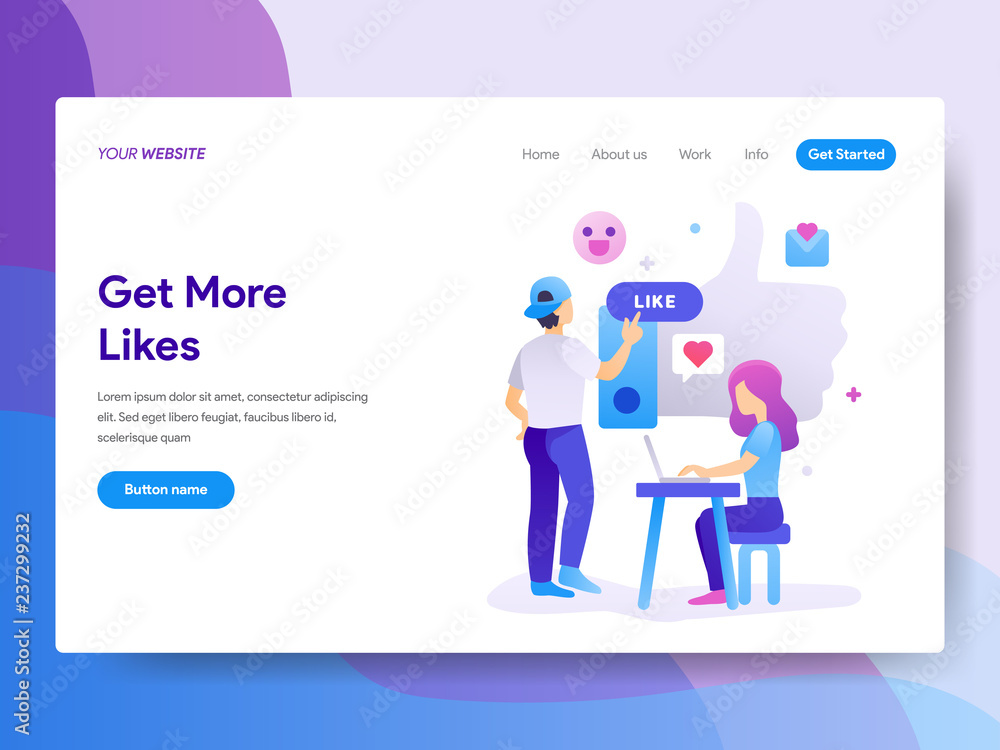 Poster landing page template of get more likes concept. modern flat design concept of web page design for w