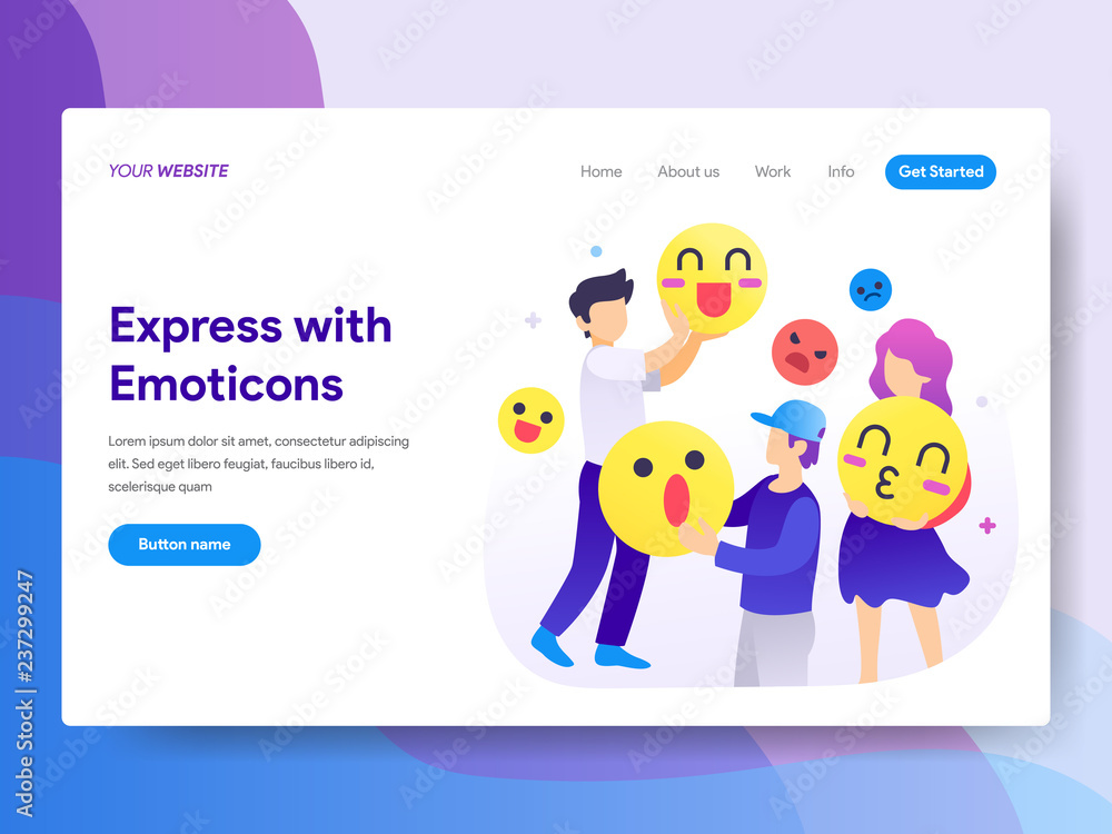 Poster landing page template of using emoticons concept. modern flat design concept of web page design for 