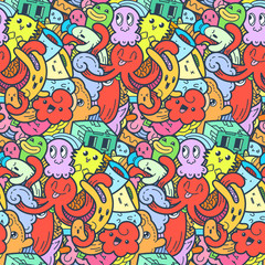 Funny doodle monsters seamless pattern for prints, designs and coloring books