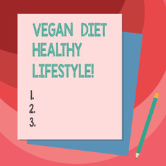 Writing note showing Vegan Diet Healthy Lifestyle. Business photo showcasing Healthy lifestyle eating vegetables and fruits Stack of Different Pastel Color Construct Bond Paper Pencil