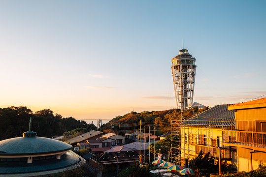 Enoshima island lighthouse and sunset view in kanagawa, Japan