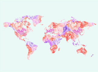 Watercolor Flower Map of Globe. World Art Print