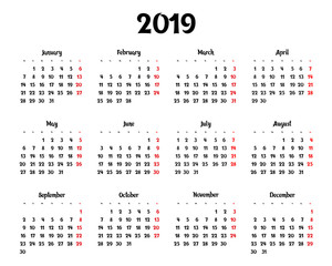 Annual calendar for 2019 on a white background. vector eps 10