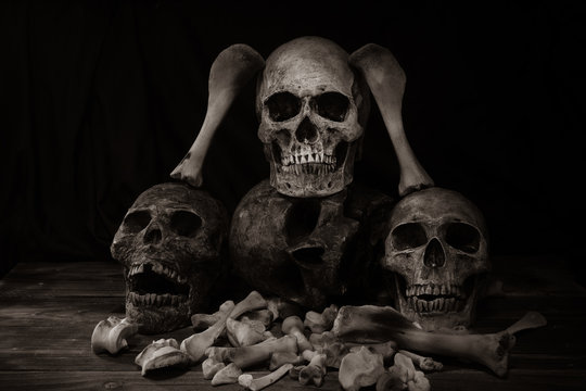Pile of skulls and bone Halloween night dim light / Still Life image and select focus