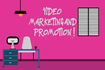 Writing note showing Video Marketing And Promotion. Business photo showcasing New modern ways for advertising campaign Minimalist Interior Computer and Study Area Inside a Room